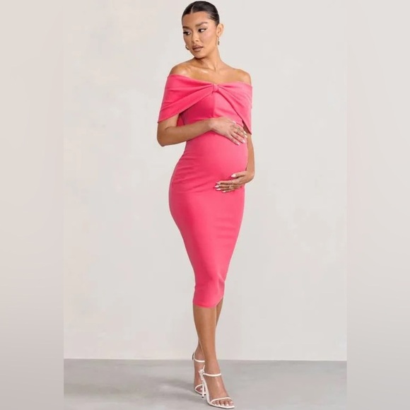 CLUB L LONDON Alyssa  Bardot Bow Maternity Midi Dress with Ruching (102) - Picture 1 of 4